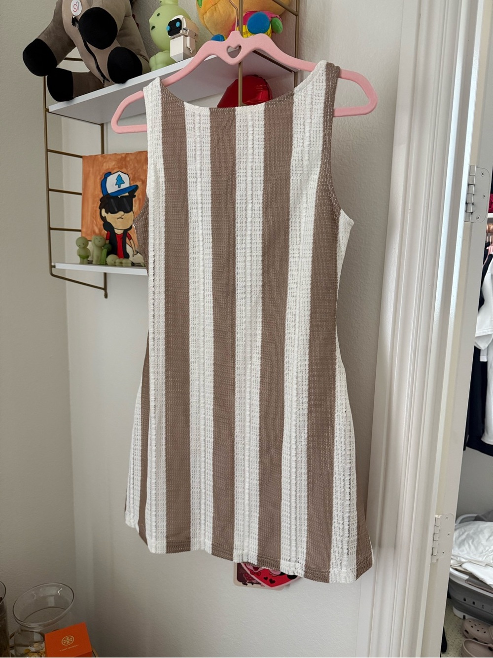 Sleeveless Striped Mini Dress in Beige and White